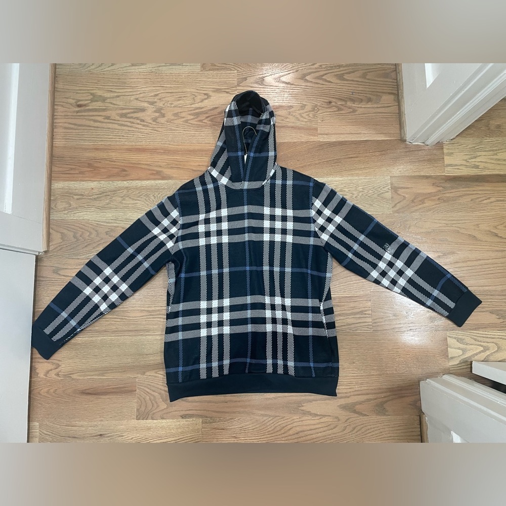 Large Burberry Check Cotton Hoodie White/dark blue